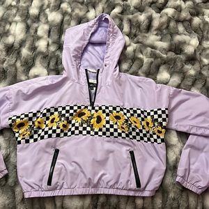 cropped windbreaker, long sleeved, checkered sunflower print and lavender color